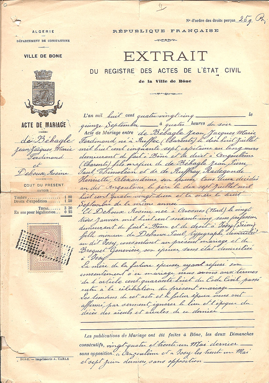 Acte mariage Jean Jacques Marie Ferdinand de Behagle et Rosine Berthe Dehoux Bone Algerie 1885