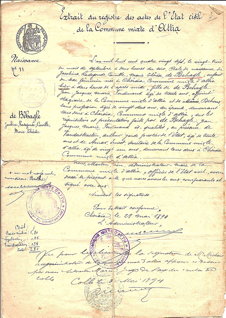 Transcription registre d etat civil naissance de Jacobine Radegonde